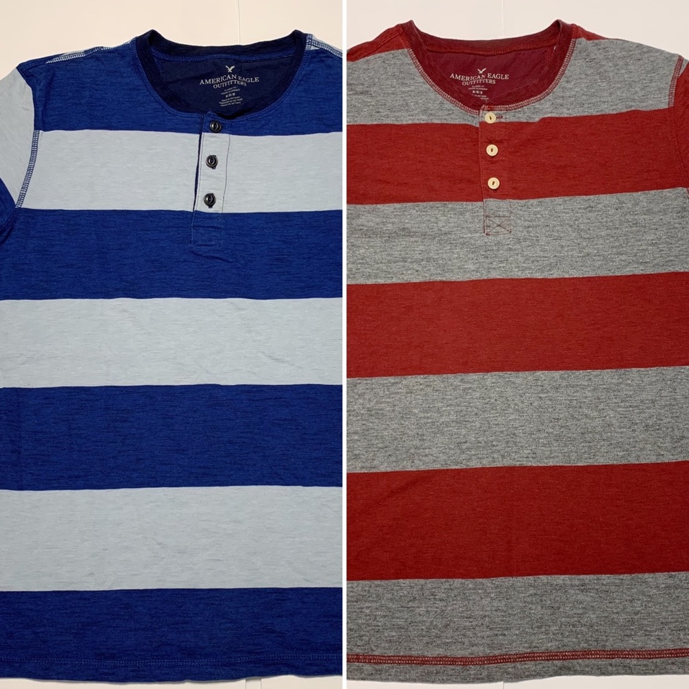 Lot of 2 American Eagle Outfitters Bicolor Striped Henley T Shirts, Mens Medium
